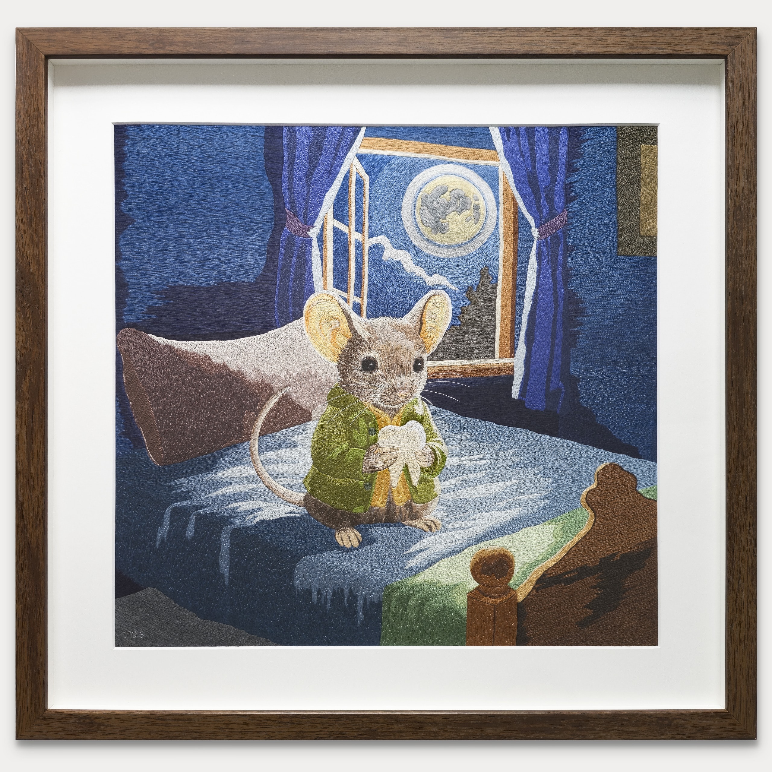 Mouse holding a flower on a bed at night embroidery